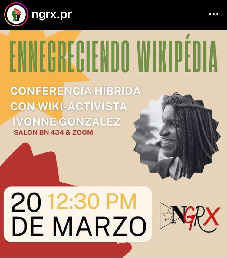 Conférence intitulée “Noircir Wikipédia”, dans le cadre de la Semaine de l’Afrodescendance, organisée par l’Université du Sacré-Cœur de Porto Rico.